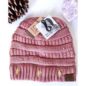 New Adult Size CC Pink Cable Knit Beanie Tail Ponytail Hat w/ Gold Details